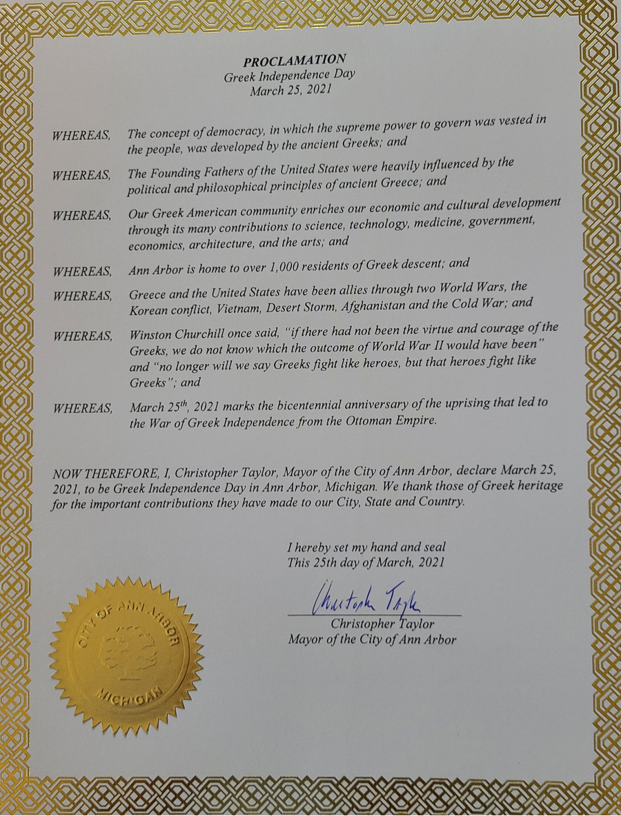 Greek Independence Day Proclamation in the City of Ann Arbor, Michigan